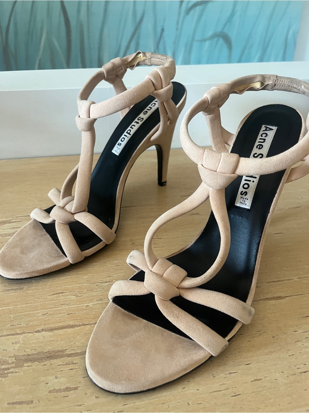 Acne Beige Knotted Suede T-Strap High Heel Sandals